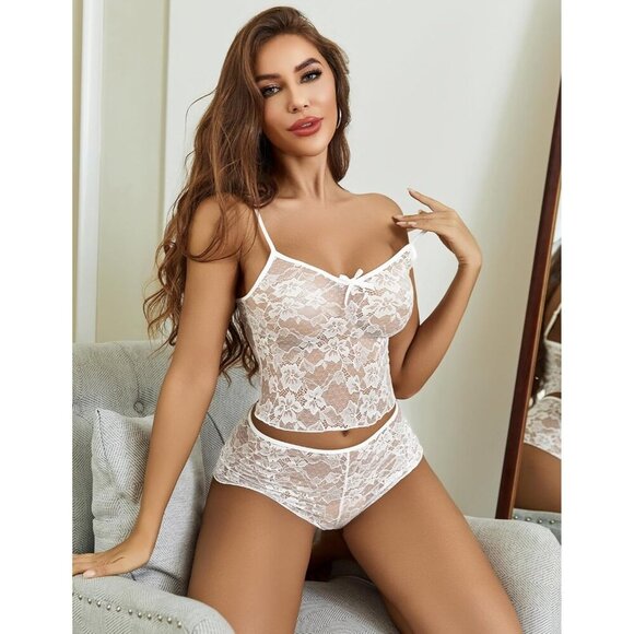 🆕Women White Lace Bra and Panty Set V Neck Baby doll 2 Piece Mesh Bralette Set - Picture 7 of 7